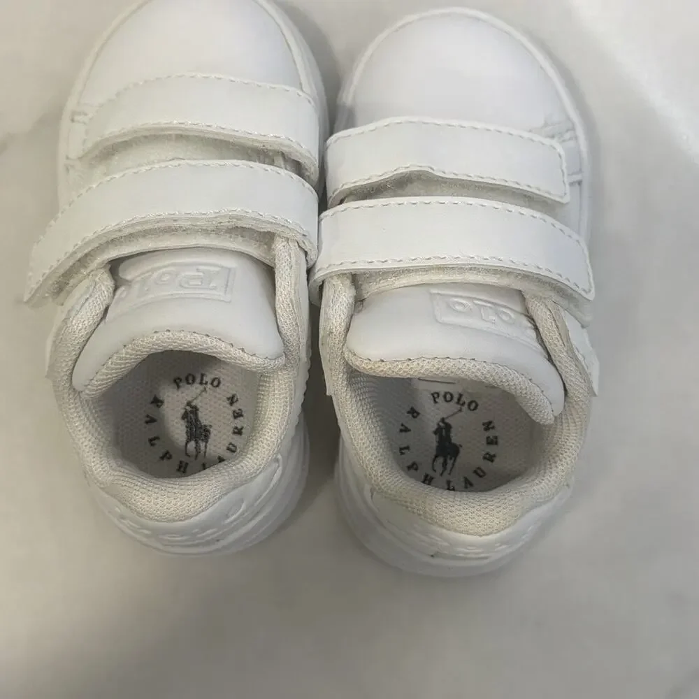 Polo Ralph Lauren Baby Toddler Sneakers Heritage White Hook Loop Size 4 Boy Girl